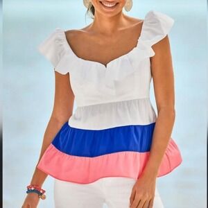 NEW Lilly Pulitzer Emie Ruffle Top Resort White Blue Pink Colorblock‎ 16 Resort